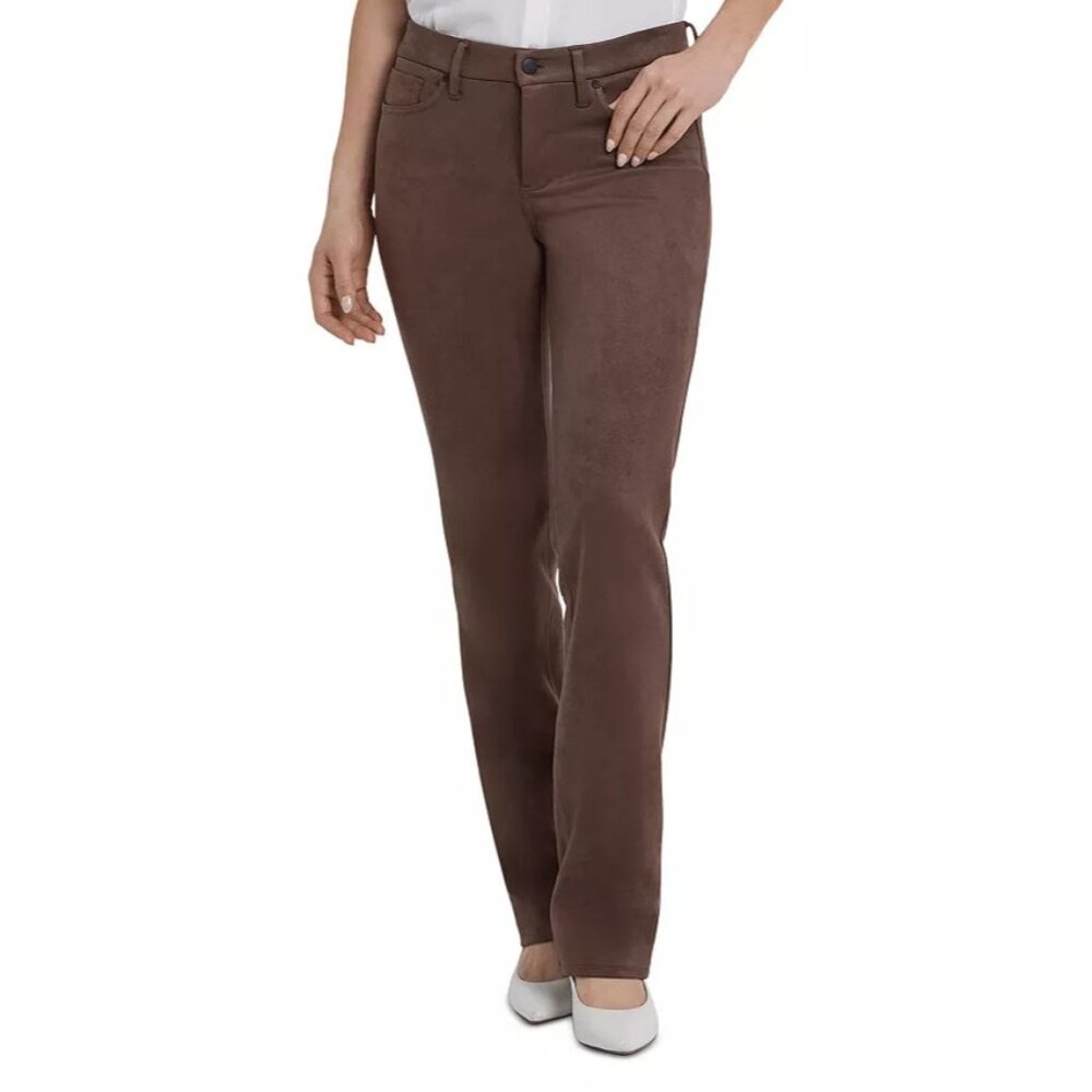 NYDJ Women's Marilyn Faux Suede High Rise Straight Jean Size 8 Coffee Brown